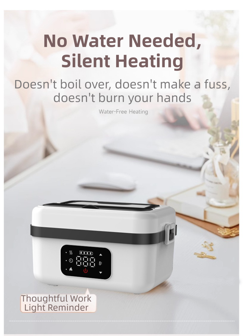 1L White Cordless Waterless Heated Lunch Box - Portable 304 Stainless Steel Bento Box for Picnic Students Office Workers, Timed Insulation & USB Rechargeable