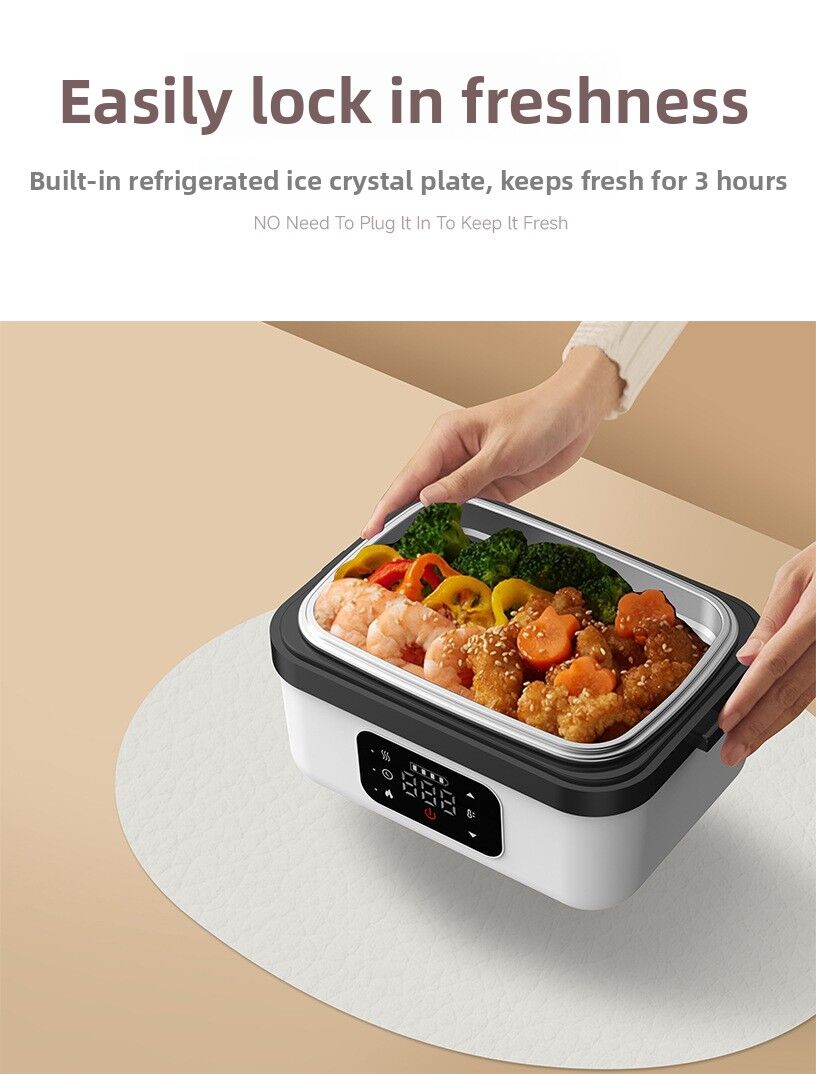1L White Cordless Waterless Heated Lunch Box - Portable 304 Stainless Steel Bento Box for Picnic Students Office Workers, Timed Insulation & USB Rechargeable
