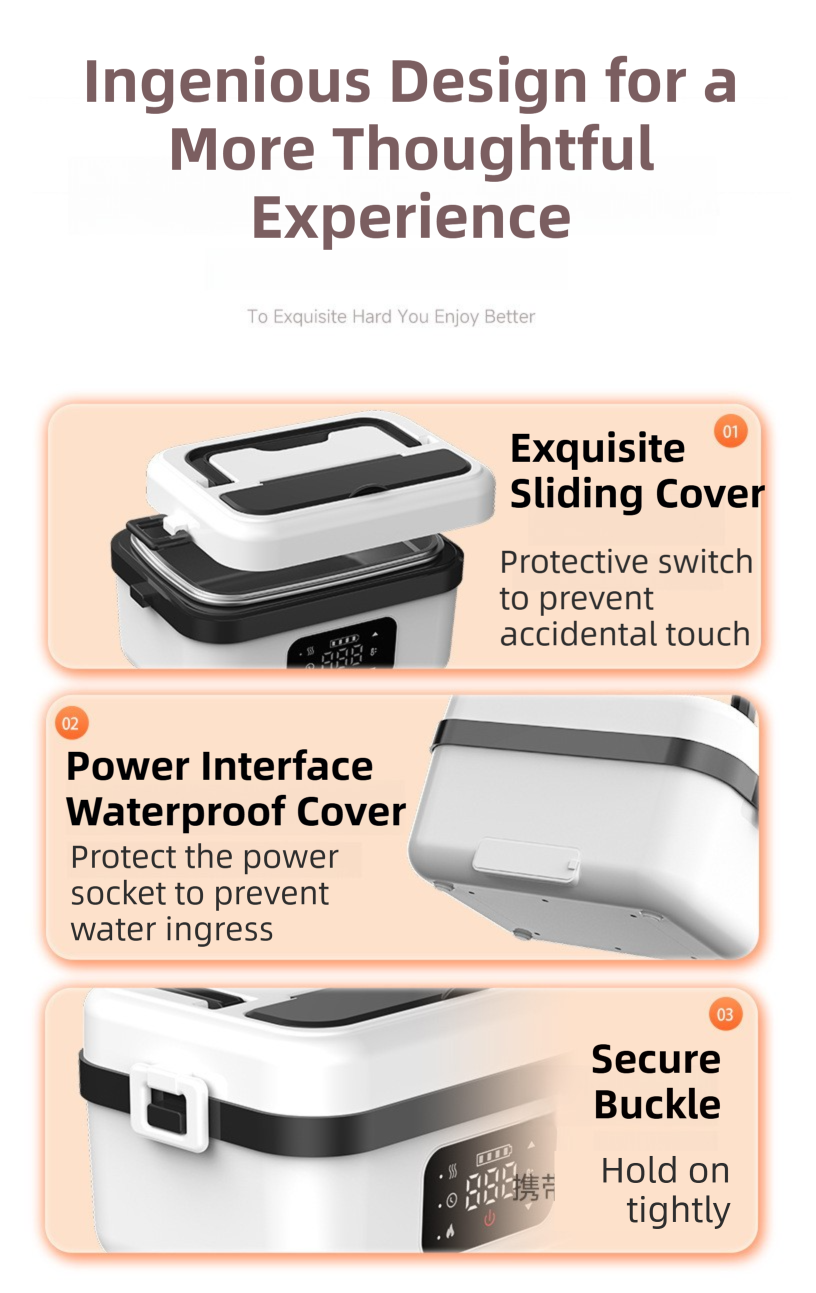 1L White Cordless Waterless Heated Lunch Box - Portable 304 Stainless Steel Bento Box for Picnic Students Office Workers, Timed Insulation & USB Rechargeable