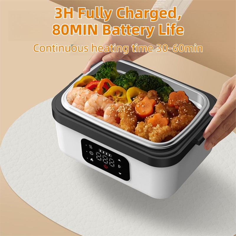 1L Black Cordless Waterless Heated Lunch Box - Portable 304 Stainless Steel Bento Box for Picnic Students Office Workers, Timed Insulation & USB Rechargeable