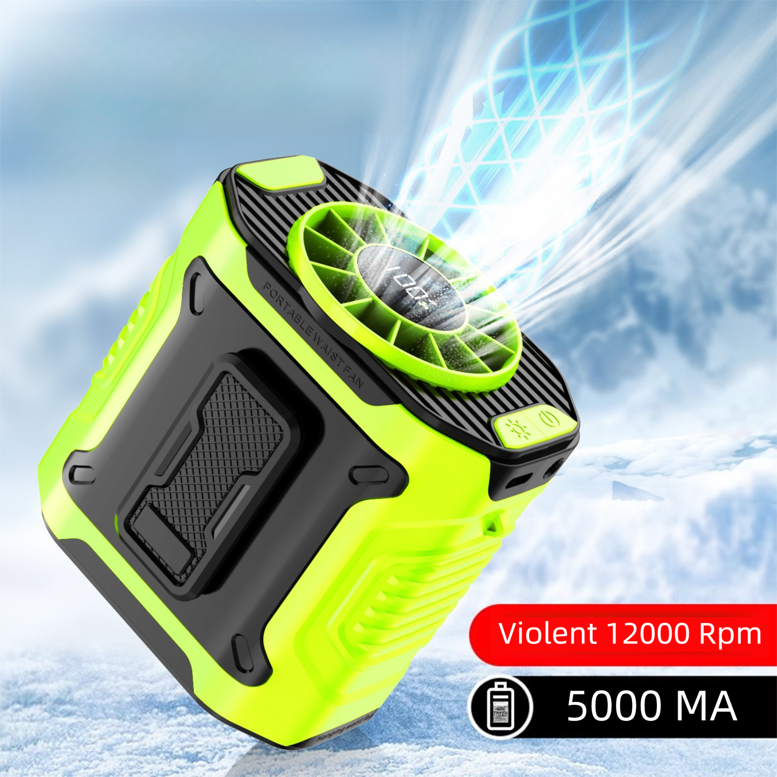 Light Green Portable Waist Fan - Construction Site Cooling Solution with 360° Turbo Ice Engine, 100 Speed Gears, and LED Light