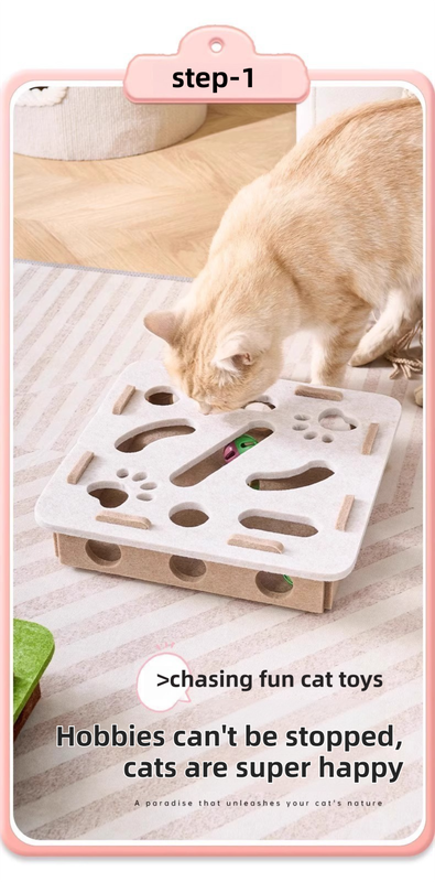 Grey Felt Puzzle Square Shape Box Cat Toy with 2 Metal Bell Balls - Scratch-Resistant & Interactive Hide-and-Seek Toy, Brain Stimulating Fun