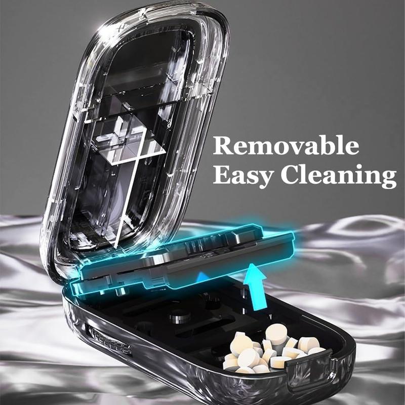 Grey Portable Mini Pill Organizer with 1/2 & 1/4 Precision Cutter - 3-Compartment Daily Travel Medicine Case with Rolling Knob Lock