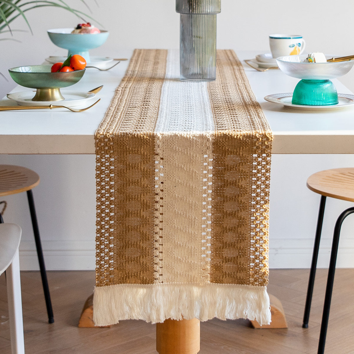 White-Grey Bohemian Woven Dining Mat with Tassels(30X50CM) - Wrinkle-Resistant Striped Placemat for Wedding, Holiday & Outdoor Party