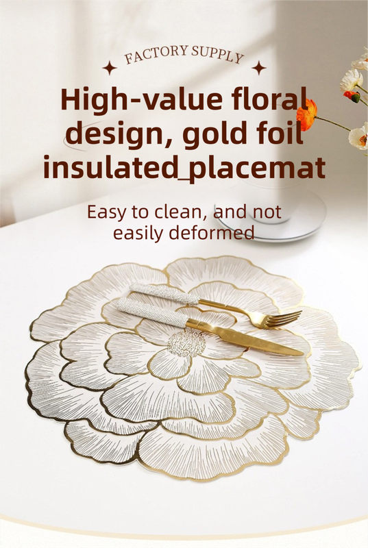 4-Pack Rose-Gold Luxury Bronzing Floral Heat-Insulated Placemats - Peony Style Anti-Slip & Waterproof PVC Table Mats(38x38CM)