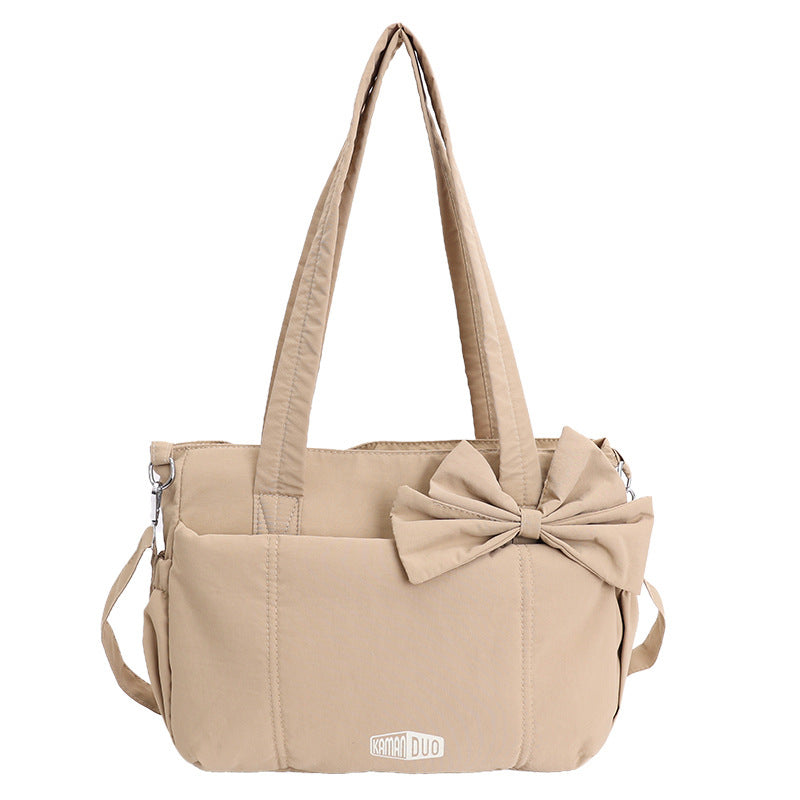 Khaki Puffy Quilted Nylon Hobo & Crossbody Bag with Cute Bowknot - Trendy Large-Capacity Handbag with Multiple Compartments