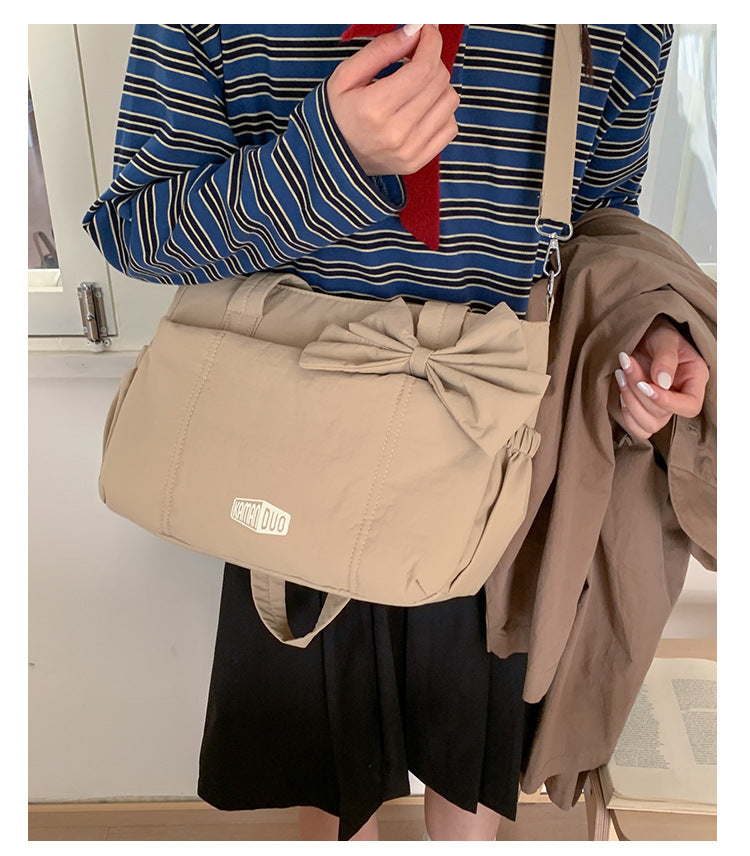 Khaki Puffy Quilted Nylon Hobo & Crossbody Bag with Cute Bowknot - Trendy Large-Capacity Handbag with Multiple Compartments