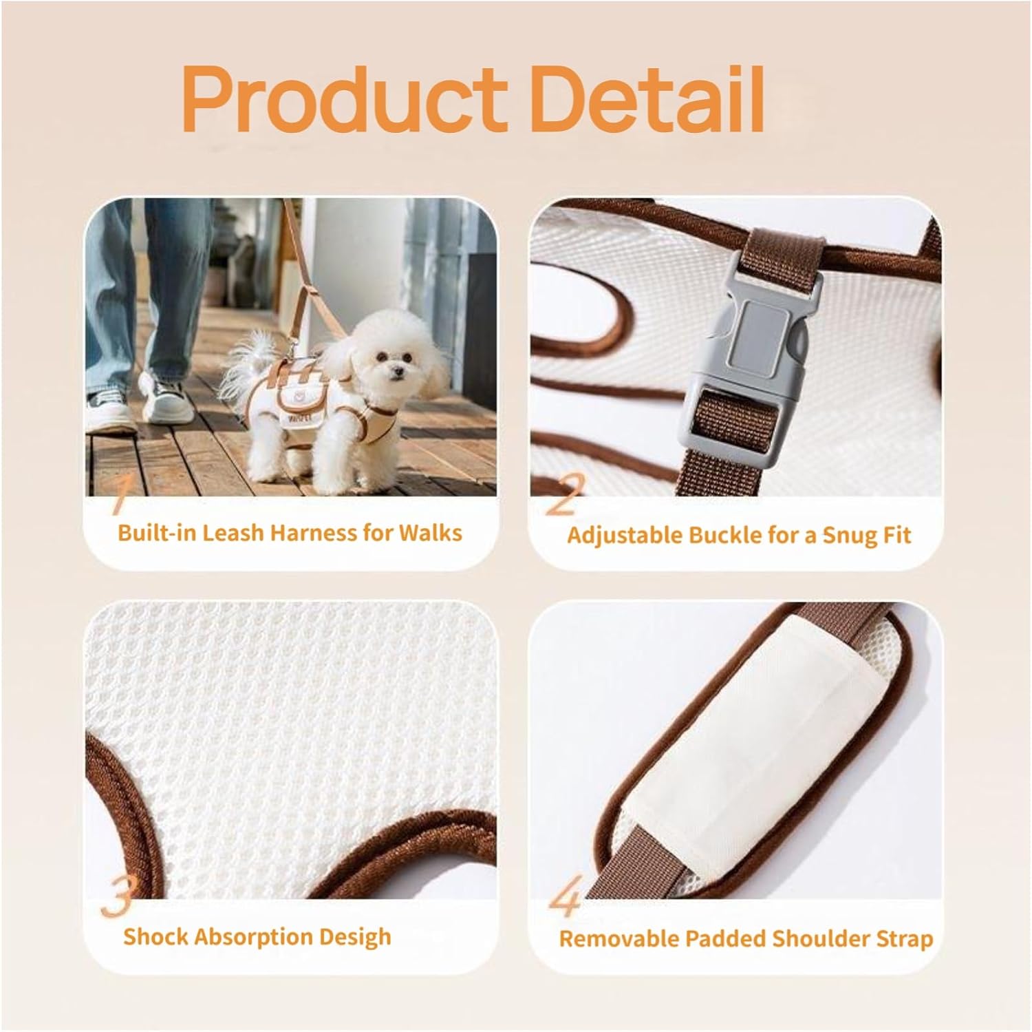 Beige 4-in-1 Multi-Functional Pet Carrier Bag with Detachable Strap & 1.5M Traction Rope - Lightweight Breathable Travel Sling for Cats & Dogs - Sizes XL(Up to 11.5kg)