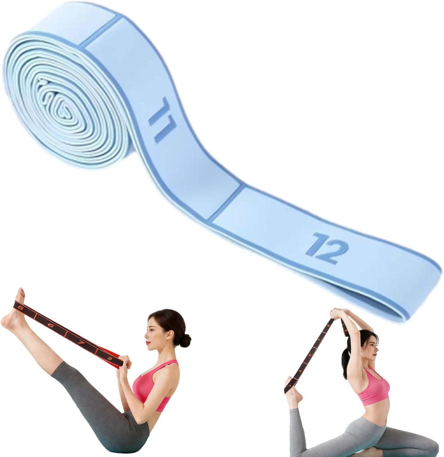 2-Pack Blue 12-Loop Numbered Yoga Stretch Strap(4x138CM) - Durable Multi-Segment Resistance Fitness Band for Pilates & Gym
