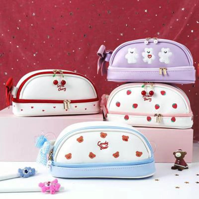 Pink Large Capacity Double Layer Pencil Case Waterproof PU Leather Stationery Organizer for Australian Students and Office Use High Capacity Makeup Bag