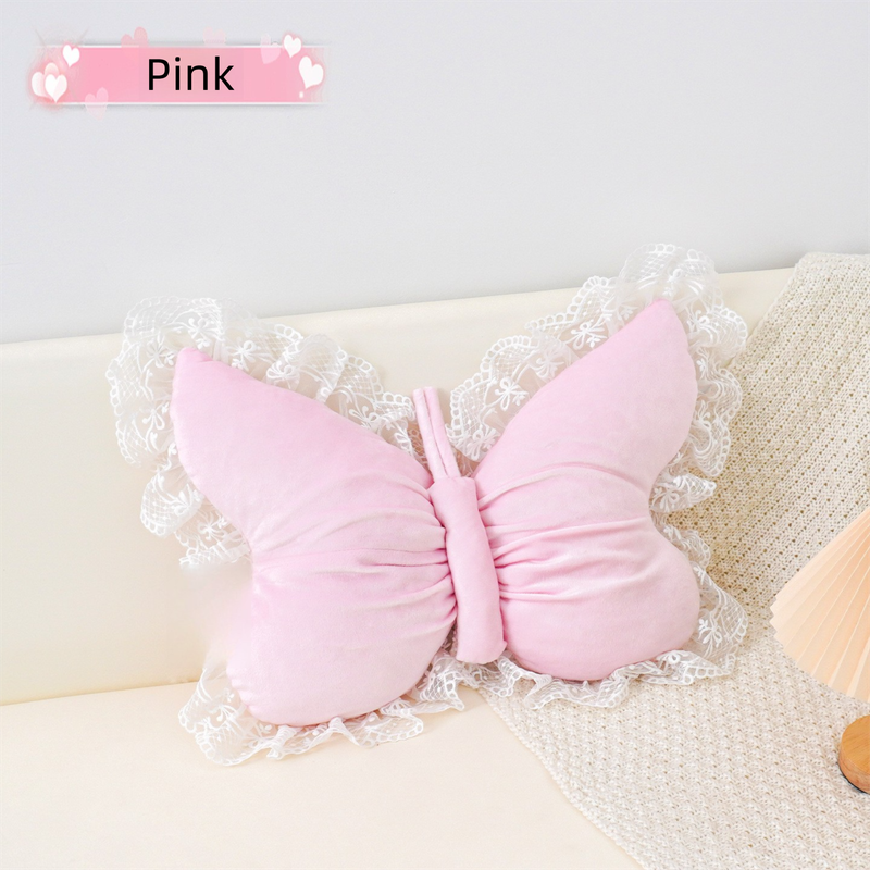 Pink Elegant Butterfly Lace Throw Pillow 60x45cm Soft Decorative Cushion for Sofa Bedroom Office and Car Comfort Backrest Accessory