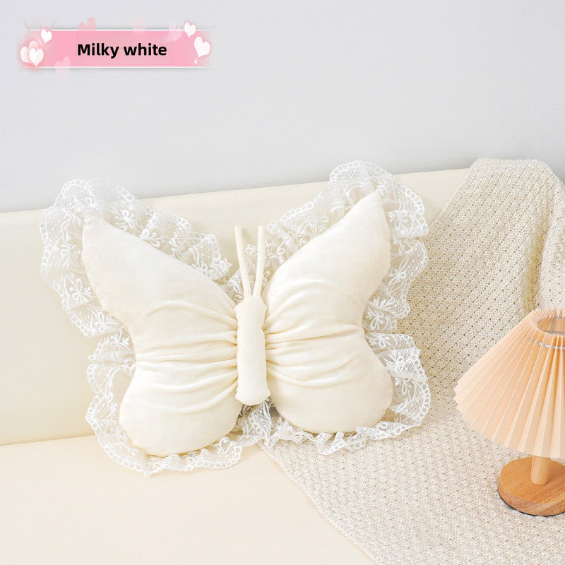 White Elegant Butterfly Lace Throw Pillow 60x45cm Soft Decorative Cushion for Sofa Bedroom Office and Car Comfort Backrest Accessory