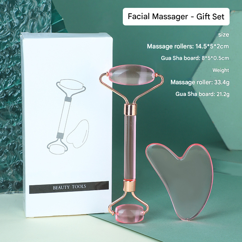 Transparent pink Dual-Head Resin Facial Roller and Heart-Shaped Gua Sha Set for Home SPA Skincare and Face Neck Massage