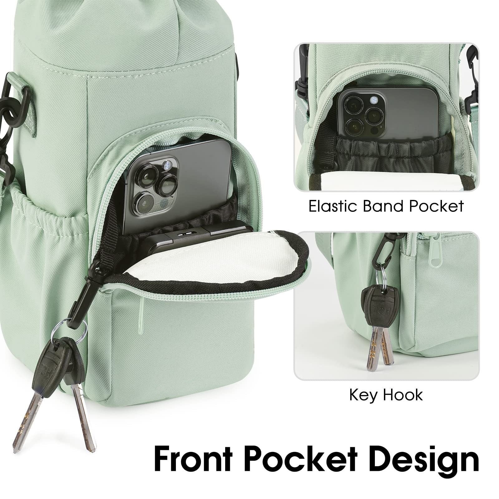 Purple Water Bottle Carrier with Drawstring Closure – Adjustable Shoulder Strap, Front Pocket, and Side Storage for Daily Use