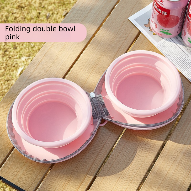 Pink Portable Foldable Dual Bowl for Pets – Silicone Feeding and Water Dish with Compact Storage Design