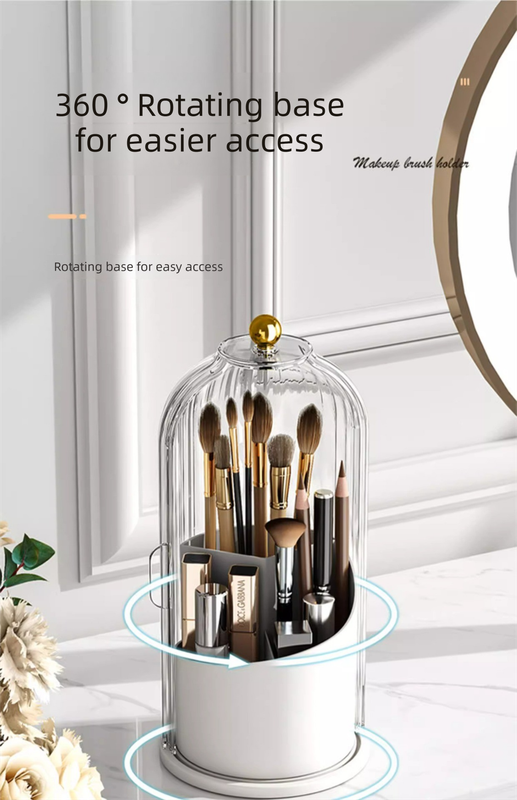360 Degree Rotating Makeup Brush Organiser with Dustproof Lid Clear Cosmetic Storage Cylinder for Vanity Dressing Table Transparent White