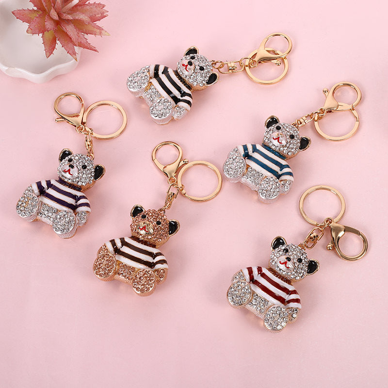 Red Stripe Crystal Bear Keychain Sparkly Rhinestone Bag Charm Cute Alloy Keyring Gift