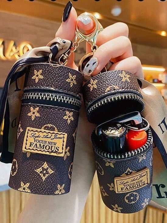 Green Mini Cylinder Lipstick Case Keychain with Silk Scarf Charm PU Leather Coin Purse Bag Pendant for Earphones Keys Vintage Floral Pattern