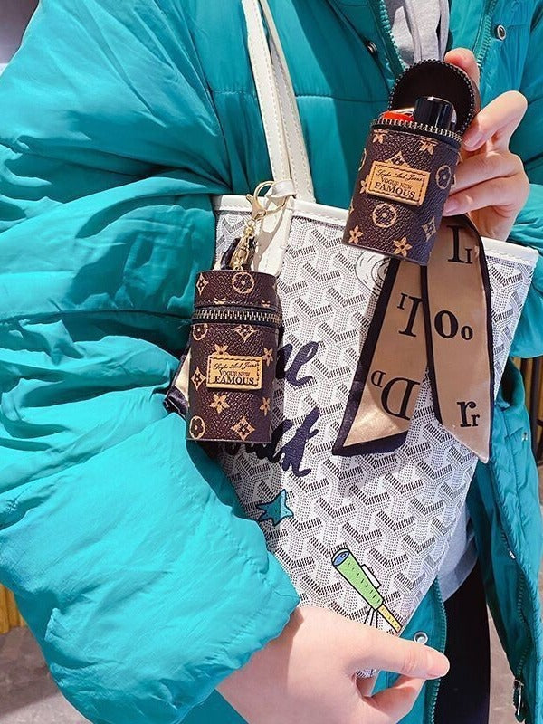 Green Mini Cylinder Lipstick Case Keychain with Silk Scarf Charm PU Leather Coin Purse Bag Pendant for Earphones Keys Vintage Floral Pattern