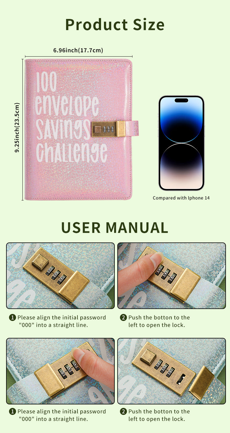 100 Envelope Savings Challenge Binder with Password Lock A5 Cash Stuffing Budget Planner Book Money Organizer for Couples (Purple)