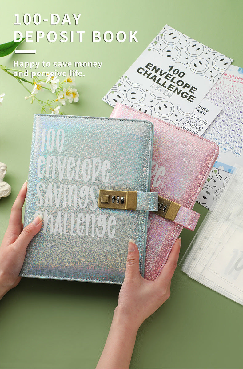 100 Envelope Savings Challenge Binder with Password Lock Holographic Pink A5 Cash Stuffing Budget Planner Book Money Organiser for Couples (Glitter Pink)