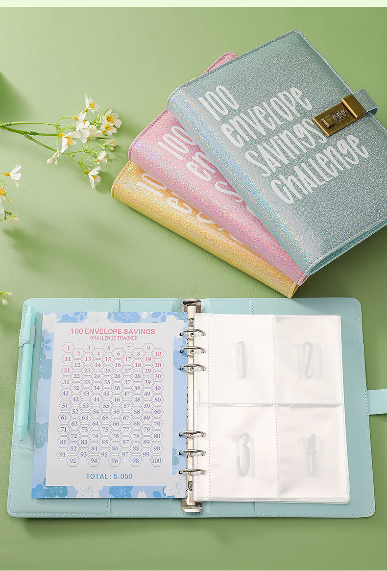 100 Envelope Savings Challenge Binder with Password Lock Holographic Yellow A5 Cash Stuffing Budget Planner Book Money Organiser for Couples (Glitter Yellow)