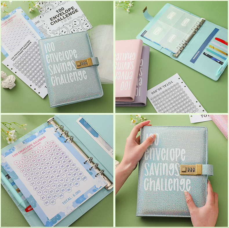 100 Envelope Savings Challenge Binder with Password Lock Holographic Yellow A5 Cash Stuffing Budget Planner Book Money Organiser for Couples (Glitter Yellow)
