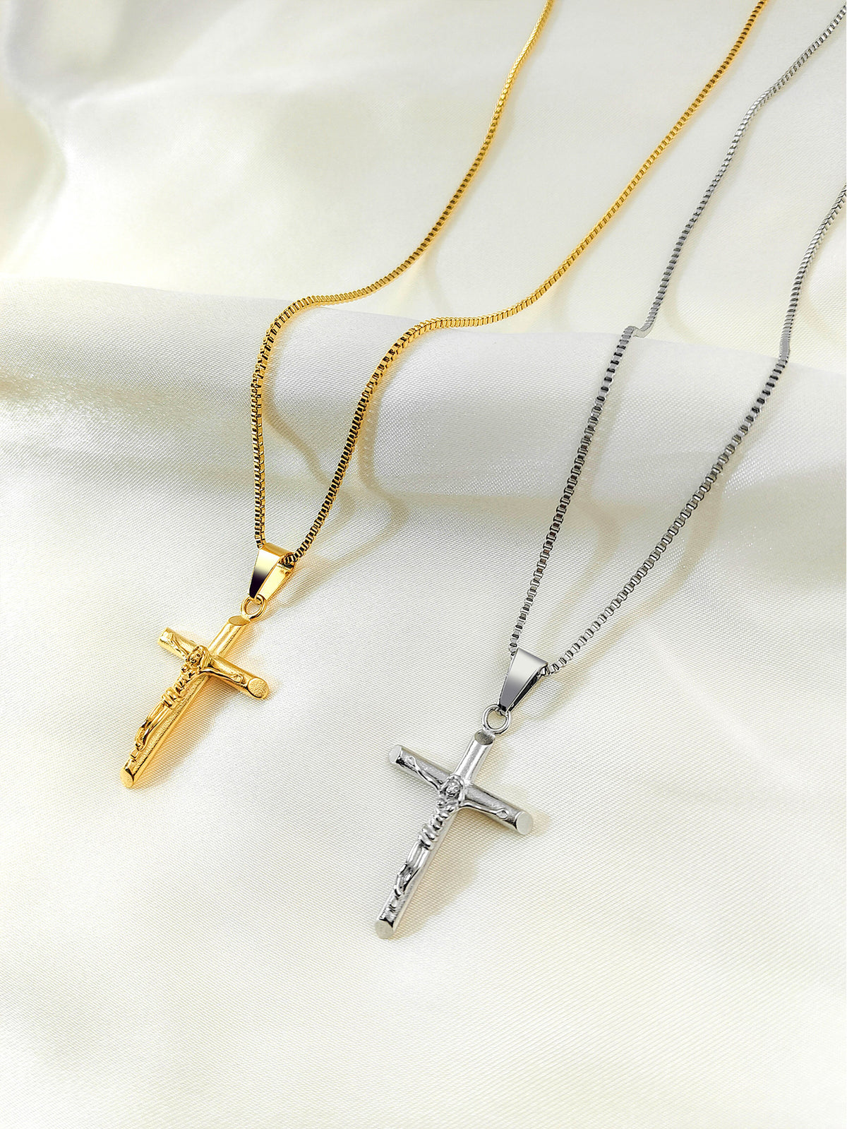 Men's Vintage Cross Pendant Necklace 2-Piece Set – Includes Classic Steel & Luxury Gold Titanium Steel Chains (60cm Box Chain)
