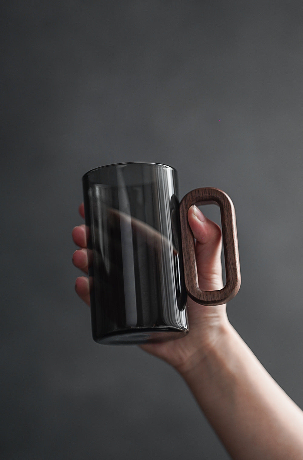 Smoky Grey Glass Tea Cup with Wooden Handle 360ml Heat-Resistant Hand-Blown Coffee Mug Modern Minimalist Drinkware