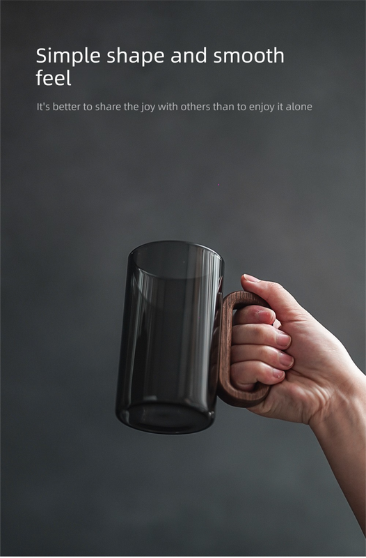Smoky Grey Glass Tea Cup with Wooden Handle 360ml Heat-Resistant Hand-Blown Coffee Mug Modern Minimalist Drinkware