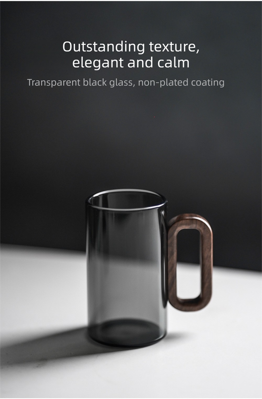 Smoky Grey Glass Tea Cup with Wooden Handle 360ml Heat-Resistant Hand-Blown Coffee Mug Modern Minimalist Drinkware