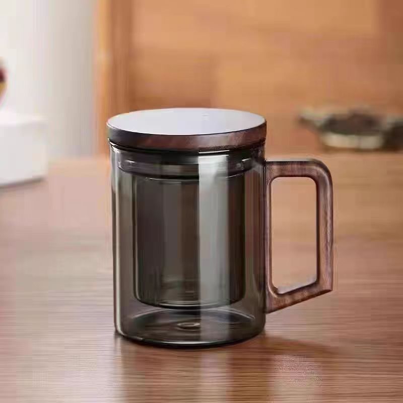 400ml Smoky Grey Borosilicate Glass Tea Mug with Infuser and Wooden Handle Loose Leaf Teacup for Office