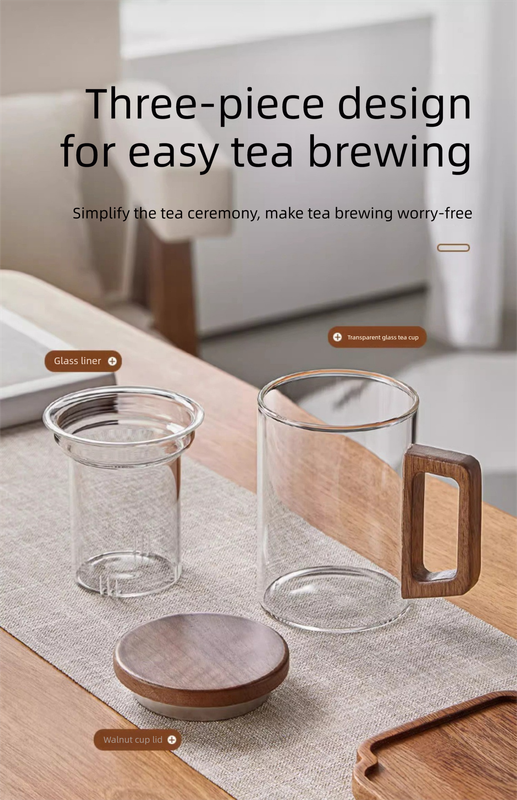 400ml Smoky Grey Borosilicate Glass Tea Mug with Infuser and Wooden Handle Loose Leaf Teacup for Office