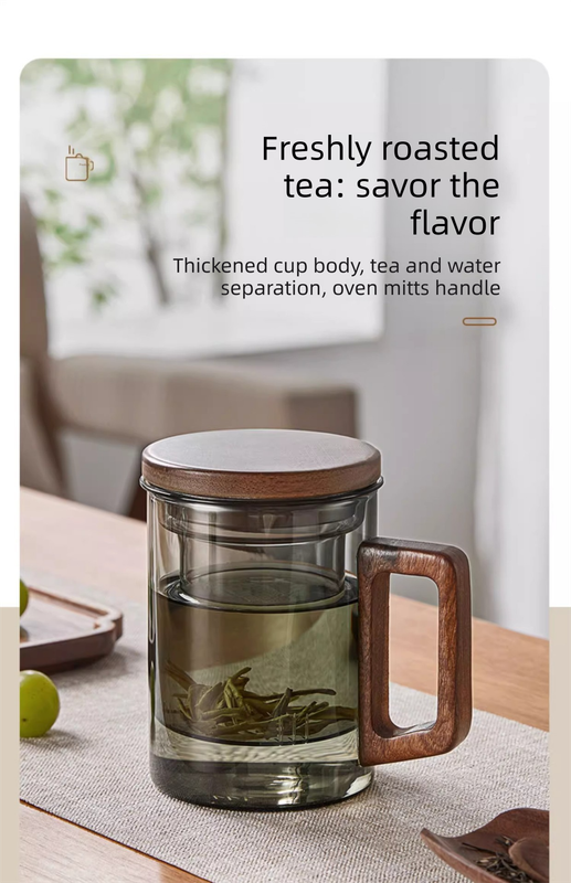 400ml Smoky Grey Borosilicate Glass Tea Mug with Infuser and Wooden Handle Loose Leaf Teacup for Office
