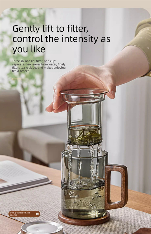 400ml Smoky Grey Borosilicate Glass Tea Mug with Infuser and Wooden Handle Loose Leaf Teacup for Office