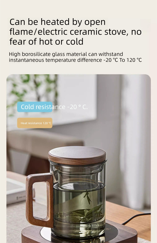 400ml Smoky Grey Borosilicate Glass Tea Mug with Infuser and Wooden Handle Loose Leaf Teacup for Office