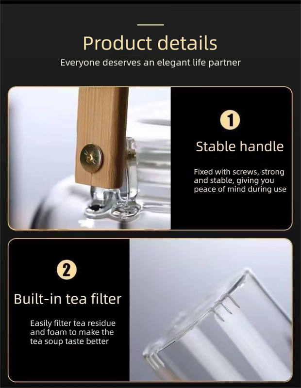 1500ml Heat Resistant Glass Teapot with Bamboo Handle and Glass Infuser Loose Leaf Tea Maker for Home