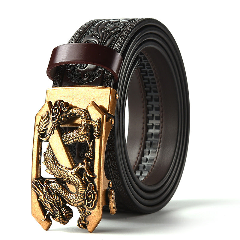 Brown 120CM Men's Genuine Cowhide Vintage Carved Belt with Gold Dragon Design Automatic Sliding Buckle