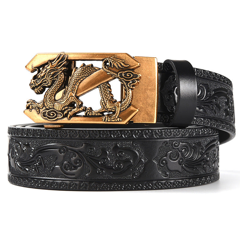 Brown 120CM Men's Genuine Cowhide Vintage Carved Belt with Gold Dragon Design Automatic Sliding Buckle