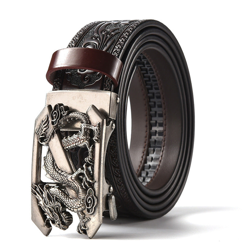 Brown 120CM Men's Genuine Cowhide Vintage Carved Belt with Sliver Dragon Design Automatic Sliding Buckle