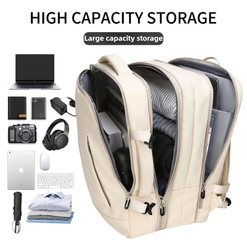 Grey Expandable Travel Laptop Backpack with USB Charging Port - Waterproof Nylon Business Bag with 11cm Depth Extension (45x32cm)