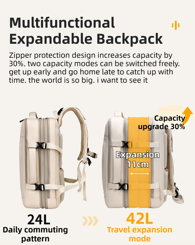 Pink Expandable Travel Laptop Backpack with USB Charging Port - Waterproof Nylon Business Bag with 11cm Depth Extension (45x32cm)