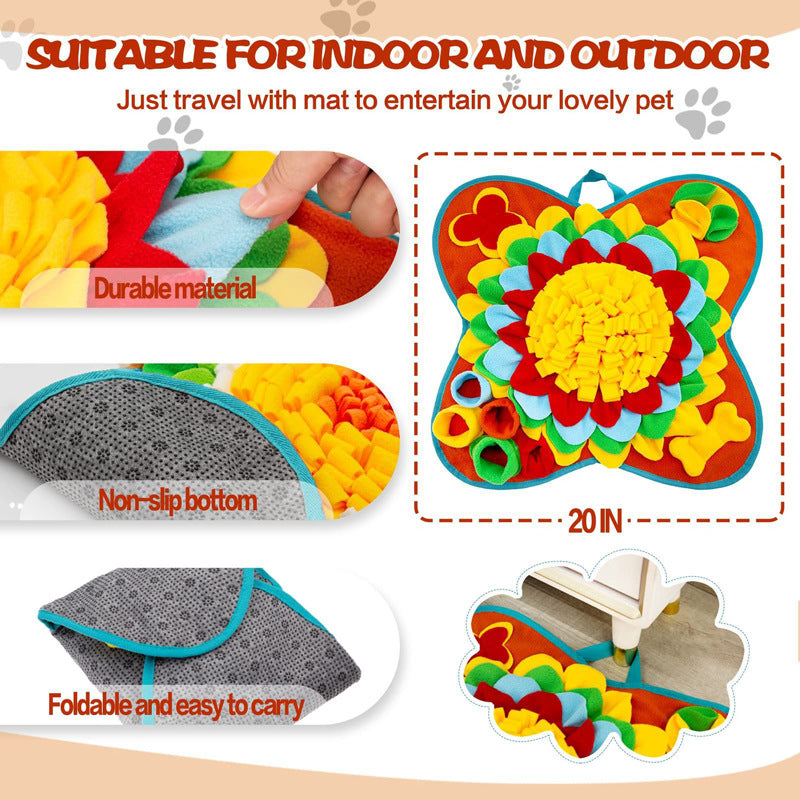 Yellow-Green 50x50CM Soft Dog Sniffing Mat with Colorful Floral & Bone - Pet Stress Relief & Slow Feeding Mat & Enrichment Blanket