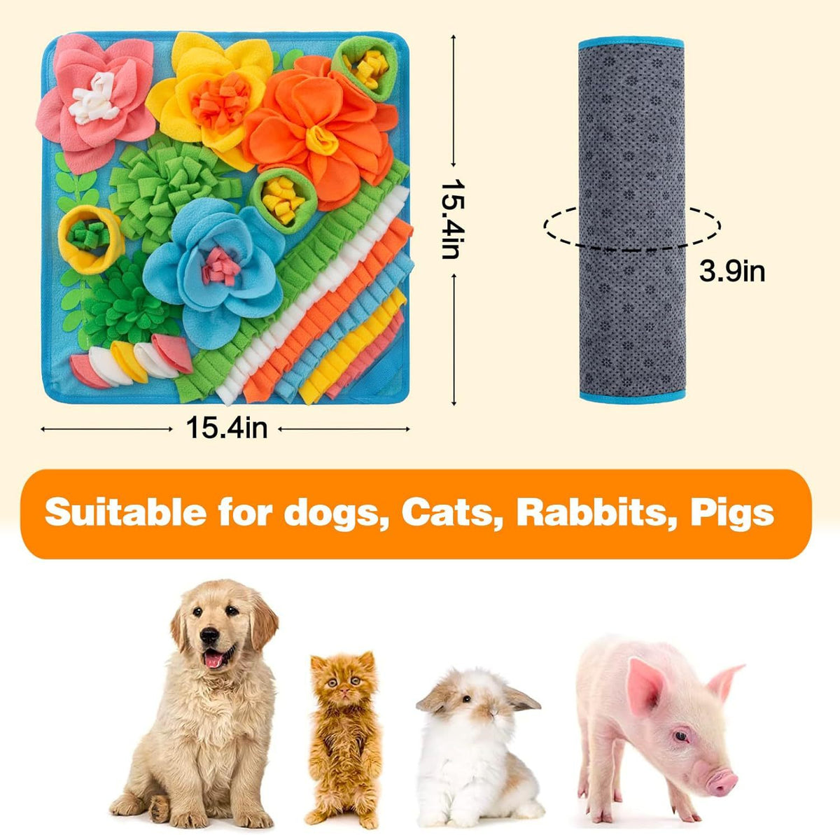 Brown 39X39CM Interactive Fleece Dog Sniffing Mat & Slow Feeder - Stress Relief IQ Training Scent Foraging Blanket for Indoor Cats and Dogs