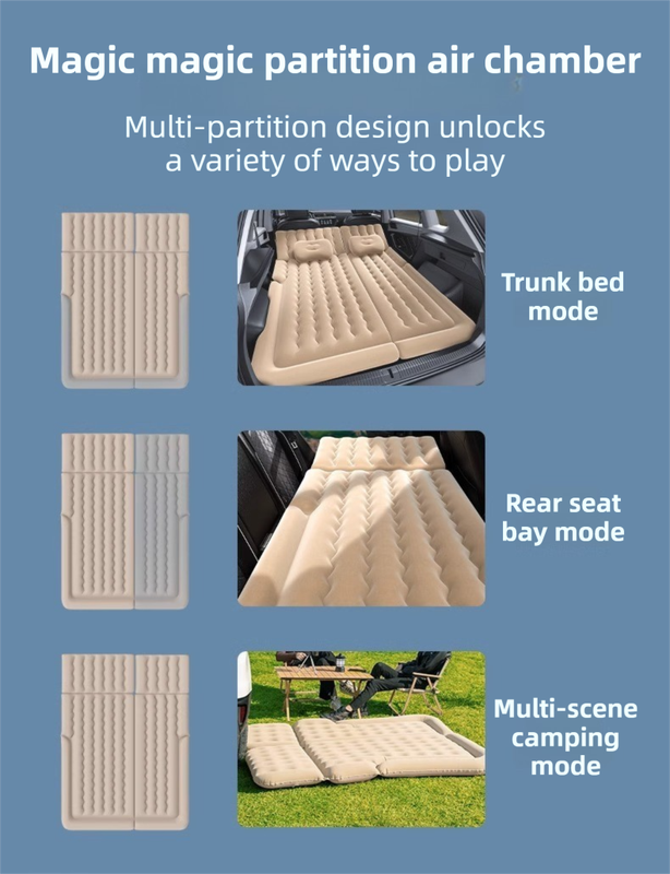 Beige Multi-Chamber Car Inflatable Air Mattress with Electric Pump, Storage Bag & Pillows for Universal Trunk Sleeping and Camping (174 x 126 CM)