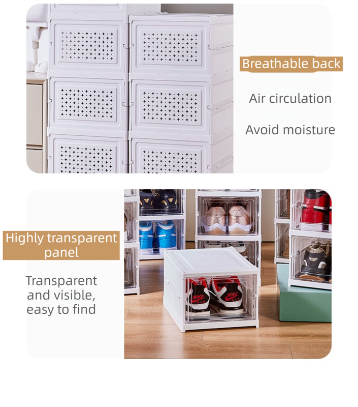Transparent Grey 6-Layer Foldable Shoe Storage Tower with Transparent Display Panel & Back Ventilation - One-Pull Instant Setup Stackable Box (25.5x34.5x105CM)