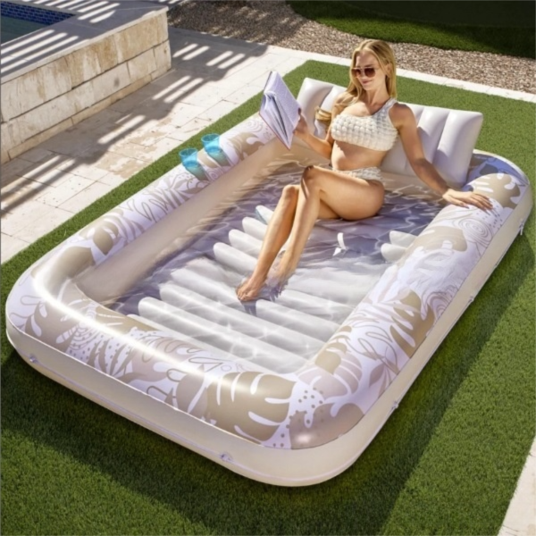 180x118CM Gold Deluxe Inflatable Suntan Tub & Floating Pool Lounger with Dual Integrated Cup Holders and Pillow - Portable Sunbathing Pool for Lawn & Water