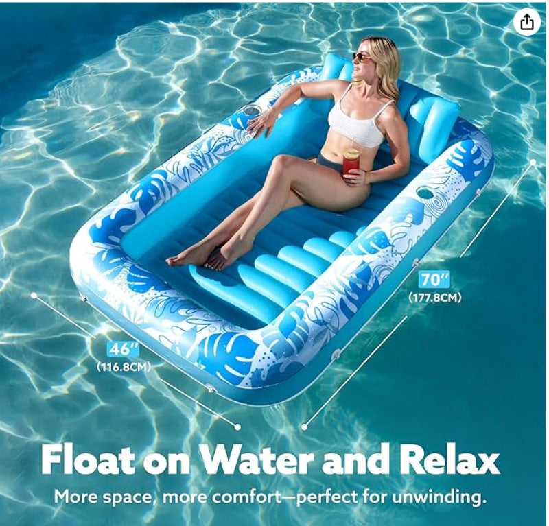 180x118CM Blue Transparent Inflatable Suntan Tub & Floating Pool Lounger with Dual Integrated Cup Holders and Pillow - Portable Sunbathing Pool for Lawn & Water