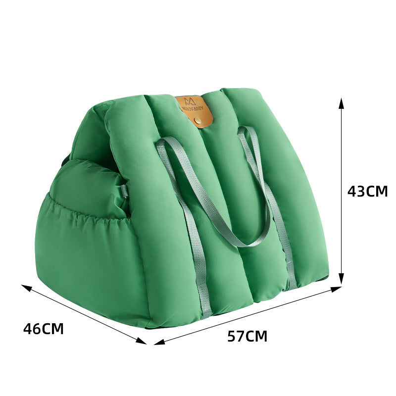 Green 2-in-1 Fluffy Travel Cat Bed & Car Safety Seat - Enclosed Windproof Pet Carrier with Reversible Summer/Winter Cushion, Reinforced Handle and Escape-Proof Leash