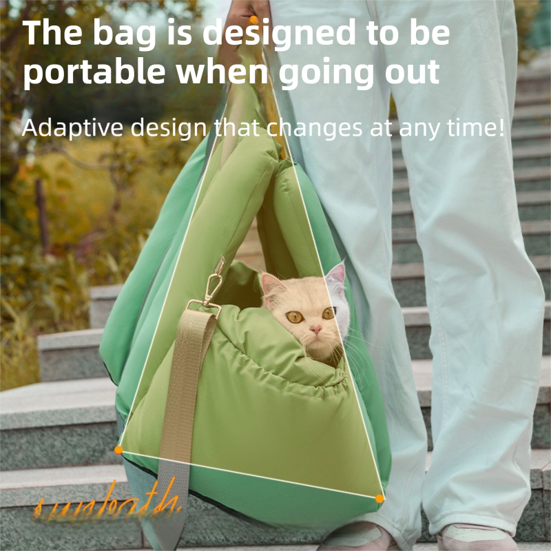 Green 2-in-1 Fluffy Travel Cat Bed & Car Safety Seat - Enclosed Windproof Pet Carrier with Reversible Summer/Winter Cushion, Reinforced Handle and Escape-Proof Leash